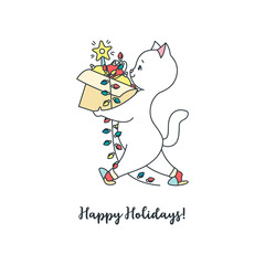 Happy Holidays greeting card. Illustration of a cute white cat carrying a box with Christmas decorations. Vector 10 EPS.