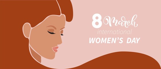 Happy Women's Day card. Woman with pink lips and long hair. 8 march holiday greetings.