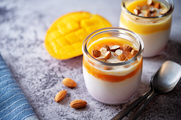 Greek yogurt mango healthy breakfast in a jar