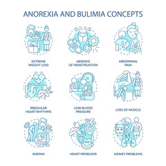 Anorexia and bulimia nervosa turquoise concept icons set. Eating disorders idea thin line color illustrations. Isolated outline drawings. Editable stroke. Roboto-Medium, Myriad Pro-Bold fonts used - obrazy, fototapety, plakaty