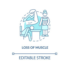 Loss of muscle turquoise concept icon. Musculoskeletal tissue atrophy abstract idea thin line illustration. Isolated outline drawing. Editable stroke. Roboto-Medium, Myriad Pro-Bold fonts used