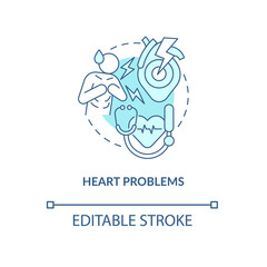 Heart problems turquoise concept icon. Cardio system disorder. Chest ache abstract idea thin line illustration. Isolated outline drawing. Editable stroke. Roboto-Medium, Myriad Pro-Bold fonts used