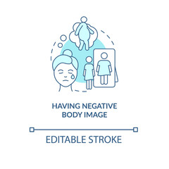 Having negative body image turquoise concept icon. Be unhappy with appearance abstract idea thin line illustration. Isolated outline drawing. Editable stroke. Roboto-Medium, Myriad Pro-Bold fonts used