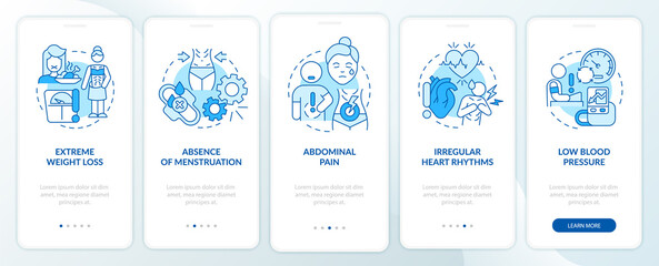 Anorexia symptoms blue onboarding mobile app screen. Abdominal pain walkthrough 5 steps graphic instructions pages with linear concepts. UI, UX, GUI template. Myriad Pro-Bold, Regular fonts used