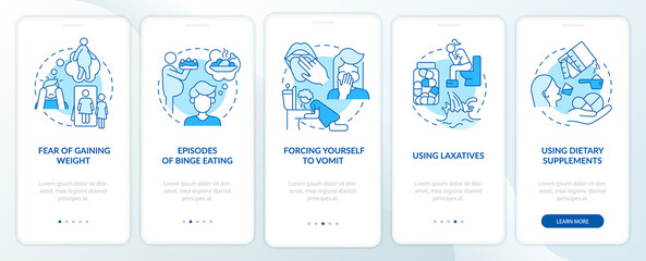 Bulimia symptoms blue onboarding mobile app screen. Using laxatives walkthrough 5 steps graphic instructions pages with linear concepts. UI, UX, GUI template. Myriad Pro-Bold, Regular fonts used - obrazy, fototapety, plakaty