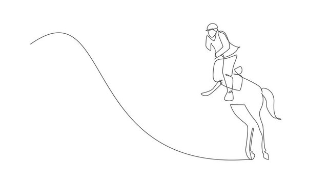 Animated self drawing of one continuous line draw young horse rider man in jumping action. Equine training at racing track. Equestrian sport competition concept. Full length single line animation.