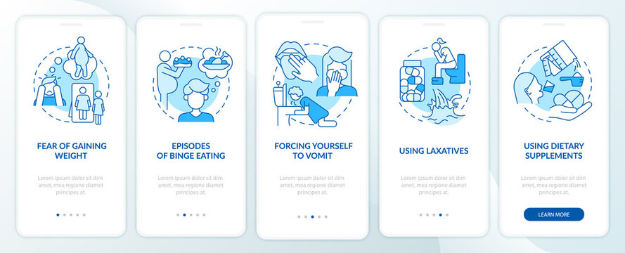 Bulimia symptoms blue onboarding mobile app screen. Using laxatives walkthrough 5 steps graphic instructions pages with linear concepts. UI, UX, GUI template. Myriad Pro-Bold, Regular fonts used