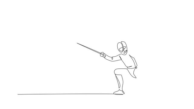 Animation of one line drawing of man fencer athlete in fencing costume exercising motion on sport arena. Combative and fighting sport concept. Continuous line self draw animated. Full length motion.