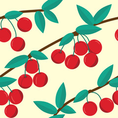 Cherry seamless pattern.Summer berries, fruits, leaves background.
Vector illustration for summer cover, wallpaper texture, background, wedding invitation,  gift wrap, fabric.