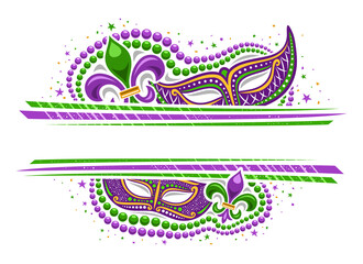 Fototapeta Vector Mardi Gras Border with copyspace, horizontal template with illustration of purple mardi gras symbols, colorful stars and decorative stripes for mardigras show event on white background obraz