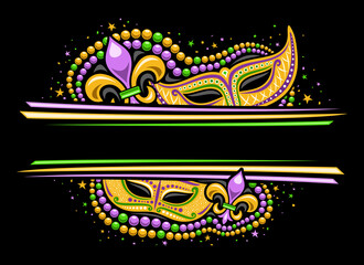 Vector Mardi Gras Border with copy space, horizontal template with illustration of yellow mardi gras symbols, colorful stars and decorative stripes for mardigras show event on black background