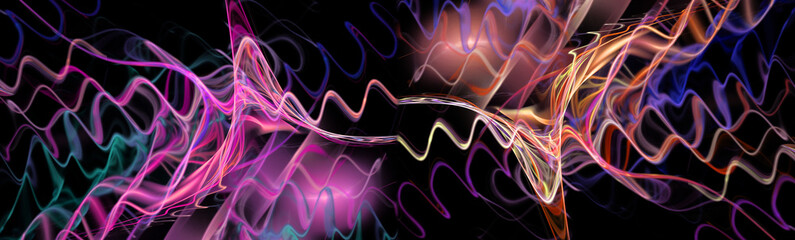 Obraz premium Abstract colorful sinusoidal signals pass over a black background. Abstract fractal background. 3d illustration. 3d rendering.