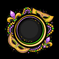 Vector Mardi Gras Frame with copy space for text, circle template with illustration of yellow mardi gras symbols and decorative colorful stars, poster for mardigras show event with black background - obrazy, fototapety, plakaty
