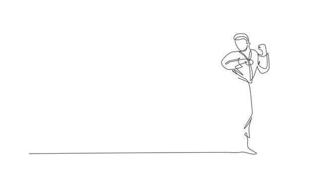 Animation of one line drawing of sporty karateka man in fight uniform with belt exercising martial art at gym. Healthy sport lifestyle concept. Continuous line self draw animated. Full length motion.