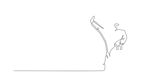 Animation of one line drawing of sporty karateka girl in fight uniform with belt exercising martial art at gym. Healthy sport lifestyle concept. Continuous line self draw animated. Full length motion.