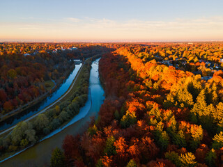 Aerial view of the river Isar, Munich, Germany in autumn