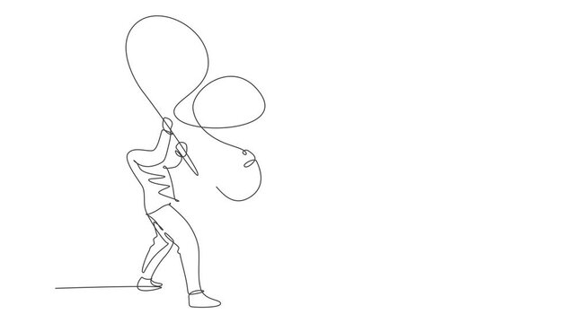 Animated self drawing of single continuous line draw young happy fisher man fly fishing success to catch big trout fish in open river. Fishing hobby holiday concept. Full length one line animation.