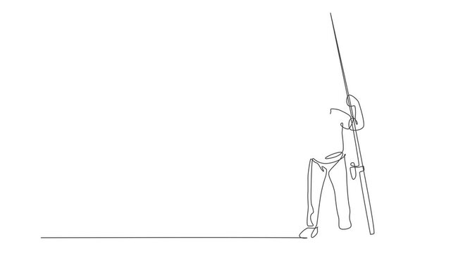 Animated self drawing of single continuous line draw young happy fisher man showed his catch after fishing trout fish in open river. Fishing hobby holiday concept. Full length one line animation.