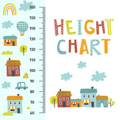Cute city height chart. Doodle baby ruler with houses, car, trees, balloon, rainbow. Little town kids stadiometer for nursery.
