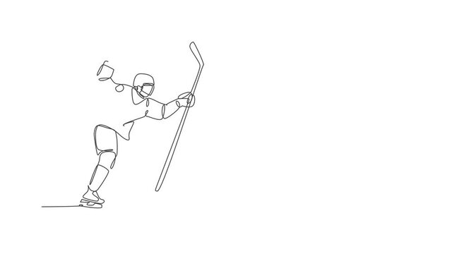 Animated self drawing of continuous line draw young professional ice hockey goalie exercising to block puck shot on ice rink stadium. Health extreme sport concept. Full length single line animation.