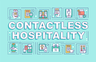 Fototapeta na wymiar Contactless hospitality word concepts blue banner. Infographics with linear icons on background. Isolated typography. Vector outline color illustration with text. Arial-Black font used