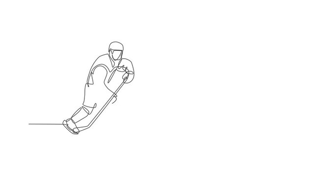 Animated self drawing of one continuous line draw young professional ice hockey player exercising and practicing on ice rink stadium. Healthy extreme sport concept. Full length single line animation.