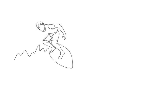 Animation of one line drawing of sporty surfer man riding on big waves barrel in surfing beach paradise. Extreme water sport lifestyle concept. Continuous line self draw animated. Full length motion.