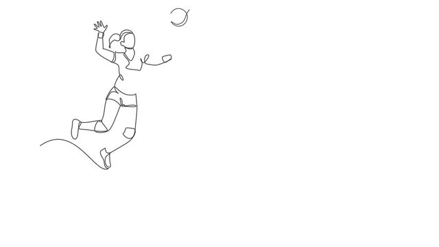 Animated self drawing of single continuous line draw female young volleyball athlete player in action jumping spike on court. Team sport concept. Competition game. Full length one line animation.