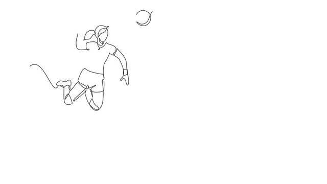 Animation of one line drawing of female professional volleyball player exercising jumping spike on court. Team sport concept. Tournament event. Continuous line self draw animated. Full length motion.