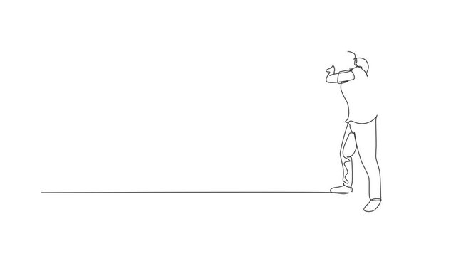 Animation of one line drawing young woman practicing to shot target in range on shooting training ground. Clay pigeon shooting sport concept. Continuous line self draw animated. Full length motion.