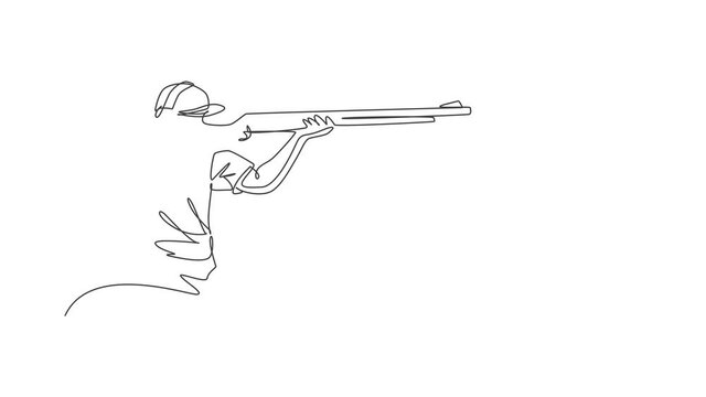 Animated self drawing of one continuous line draw young man on shooting training ground practice for competition with rifle gun. Outdoor shooting sport concept. Full length single line animation.