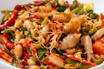 Spicy Stir Fried Squid or Tumis Cumi Pedas is Indonesian traditional food, especially in javanese. served on plate and isolated gray background.