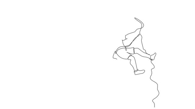 Animation of one line drawing of young active man climbing on cliff mountain holding safety rope. Extreme outdoor sport and bouldering concept. Continuous line self draw animated. Full length motion.
