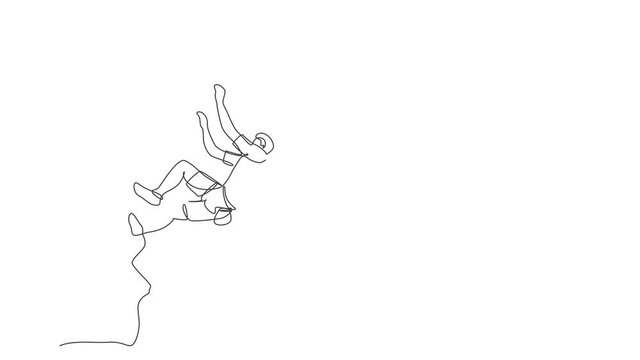 Animated self drawing of continuous line draw young muscular rockclimber man climbing hanging on mountain grip. Outdoor active lifestyle and rock climbing concept. Full length one line animation.