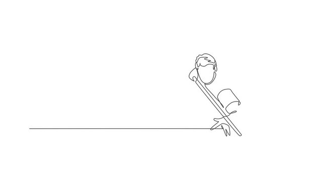 Animated self drawing of one continuous line draw young handsome man focus aiming before hit the pool billiard balls with stick. Tournament indoor sport game concept. Full length single line animation