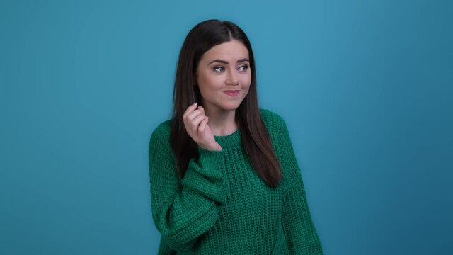 Frustrated lady make error impressed isolated dark blue color background