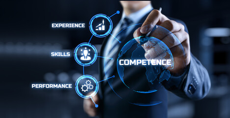 Competence skills business and personal development concept. Businessman pressing button on screen.