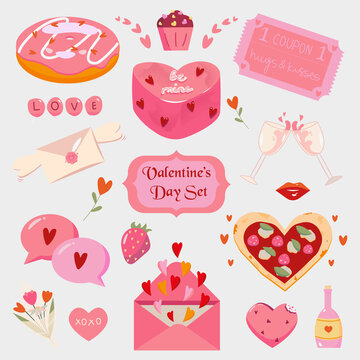 Valentines day cute food set - heart shaped cake, pizza, donut, love coupon, strawberry, cupcake, candies, letters, chamagne, flowers and hearts