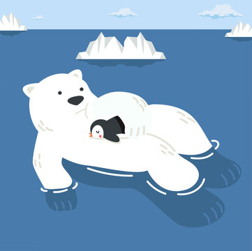 polar bear with little penguin sleep in North pole Arctic