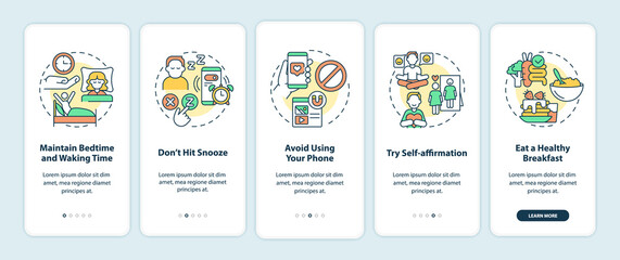 Tips for building morning routine onboarding mobile app screen. Ideas walkthrough 5 steps graphic instructions pages with linear concepts. UI, UX, GUI template. Myriad Pro-Bold, Regular fonts used