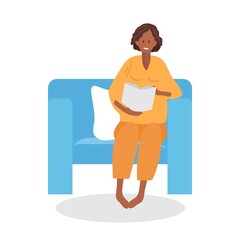 Smiling woman sitting on chair and reading book. Portrait of pretty young girl. African-American in comfy sofa at home. Leisure activity, repose and relaxation. Flat cartoon vector illustration.