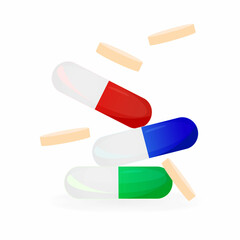 set of medical tablets and capsules on a white background