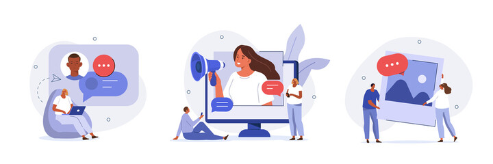 Communication and marketing illustration set. Characters posting in social media and sending ad messages. Influencer with megaphone inviting audience to join referral program. Vector illustration.