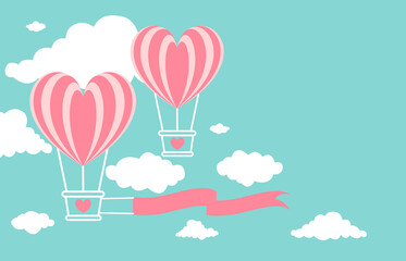 Pink hot air balloon in shape of heart with pink flag on sky and white clouds Flat design for valentine's day vector illustration.