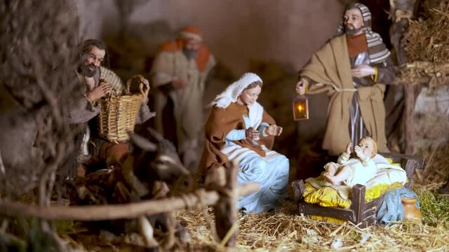 Mechanic animated nativity scene. Figures of the Child Jesus, the Virgin Mary and St. Joseph.
