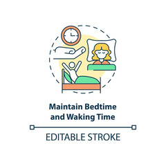 Maintain bedtime and waking time concept icon. Healthy lifestyle abstract idea thin line illustration. Isolated outline drawing. Editable stroke. Roboto-Medium, Myriad Pro-Bold fonts used