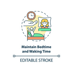 Obraz premium Maintain bedtime and waking time concept icon. Healthy lifestyle abstract idea thin line illustration. Isolated outline drawing. Editable stroke. Roboto-Medium, Myriad Pro-Bold fonts used