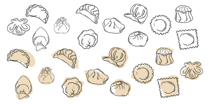 Set dumplings.
Manty, meat dumpling, pelmeni, jiaozi, pyanse or pigodi, khinkali, ravioli or pierogi  . Hand drawn doodle illustration. Vector