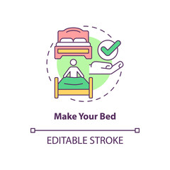 Make your bed concept icon. Housekeeping and morning routine abstract idea thin line illustration. Isolated outline drawing. Editable stroke. Roboto-Medium, Myriad Pro-Bold fonts used