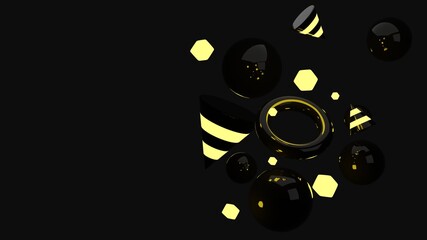 Abstract shapes with glowing elements on a dark background, 3d render
